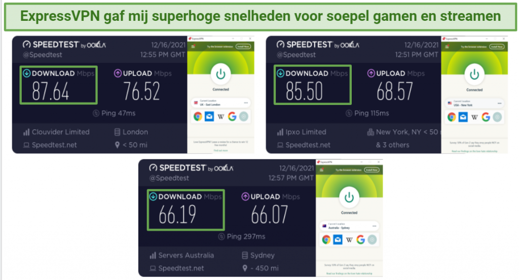 Screenshots showing ExpressVPN's good long-distance server speeds