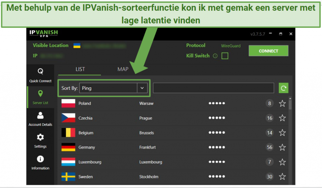 A screenshot of the IPVanish sorting feature found in its user interface