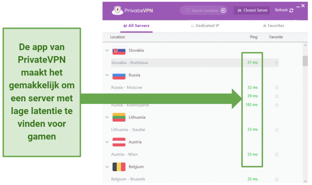 A screenshot of PrivateVPN's server selection screen on its Windows app