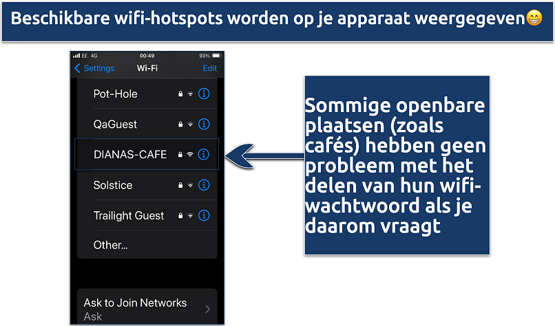 Screenshot showing the available WiFi hotspots on an iPhone
