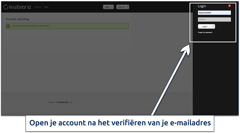 Screenshot showing how to log in to your Real Debrid account after email confirmation