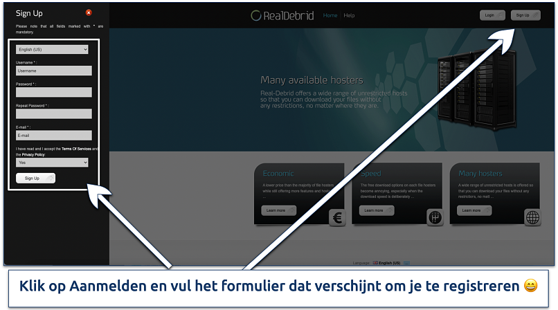 Screenshot of Real Debrid signup page