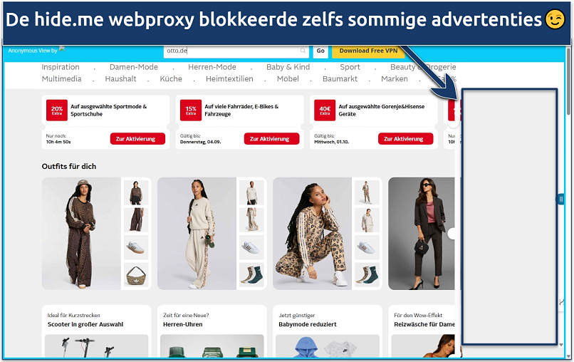 Screenshot of the Otto.de marketplace loaded via the hide.me web proxy