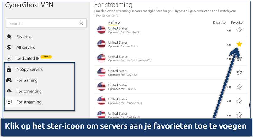 Screenshot of CyberGhost's list of specialized servers